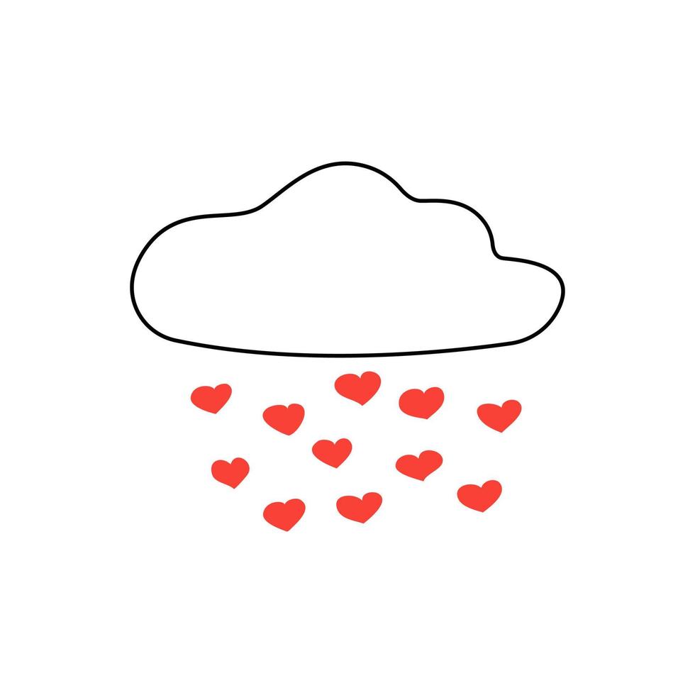 Cloud with red falling hearts. Vector hand drawn