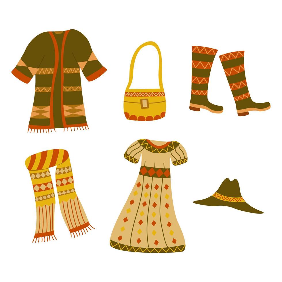 conjunto de ropa trajes bohemios. vector dibujado a mano