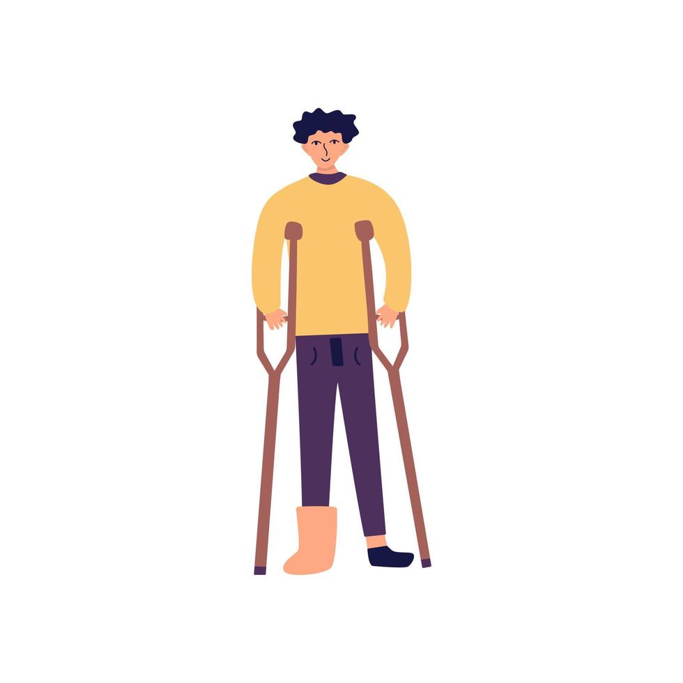 Disabled man with cast on leg and crutches. Vector cartoon