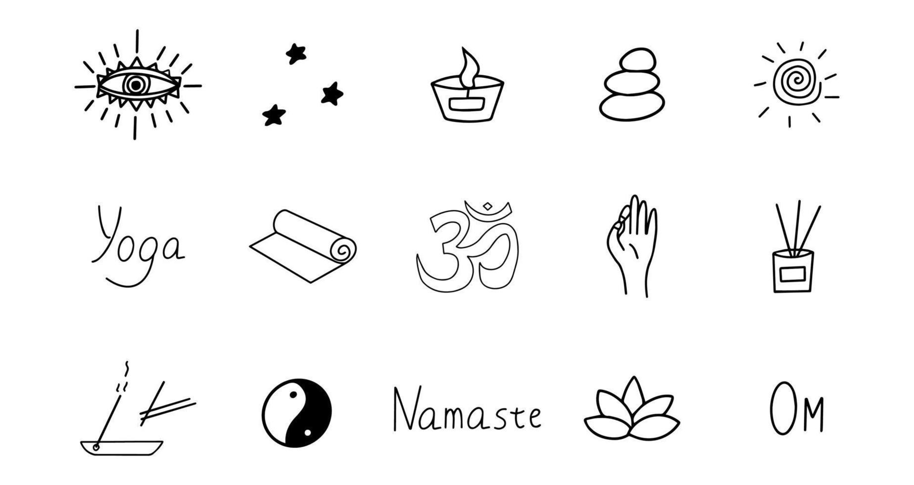 Set of elements for meditation and yoga. Vector doodle