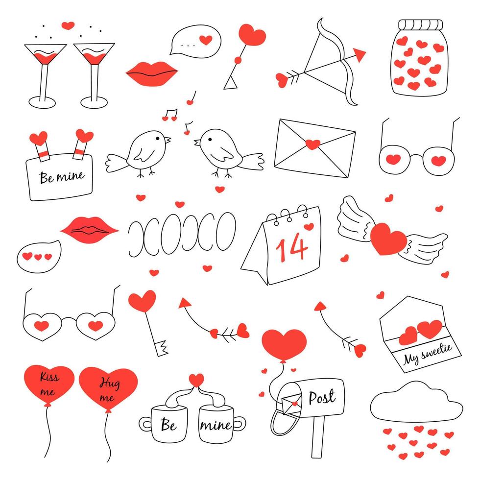 Set of elements for Valentines day. Vector hand drawn