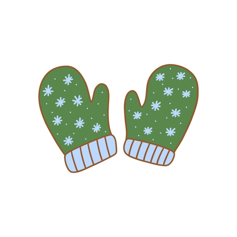 Cute green winter warm cozy mittens with snowflakes. Vector