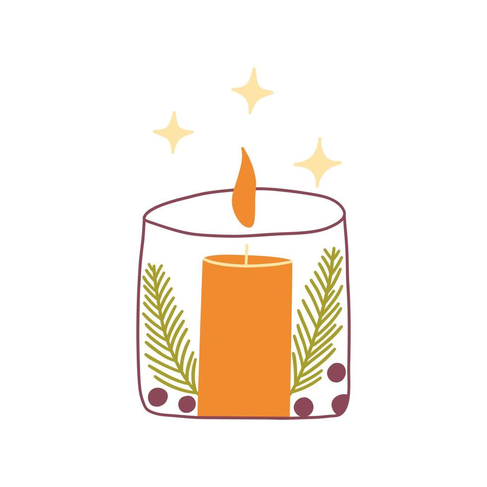 Candle in candlestick with spruce branches. Vector colorful