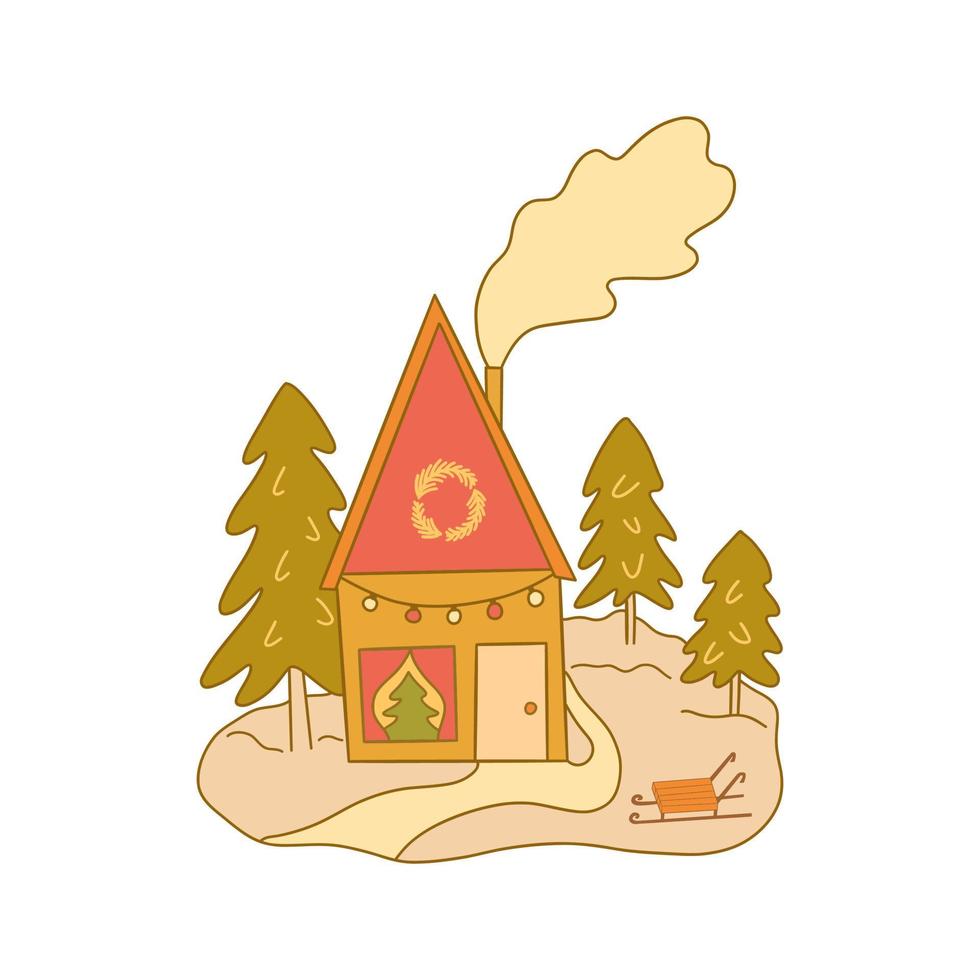 House in the forest among trees. Vector doodle card