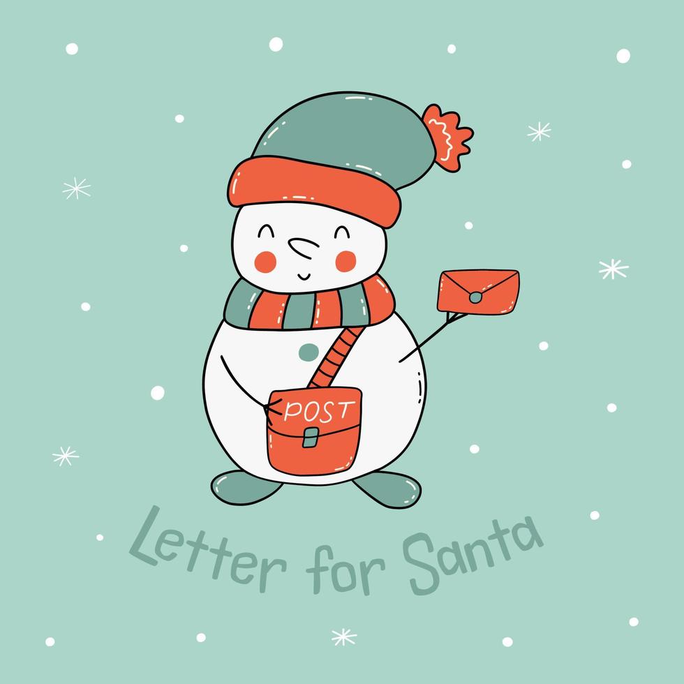 Card cute snowman postman and snow. Vector