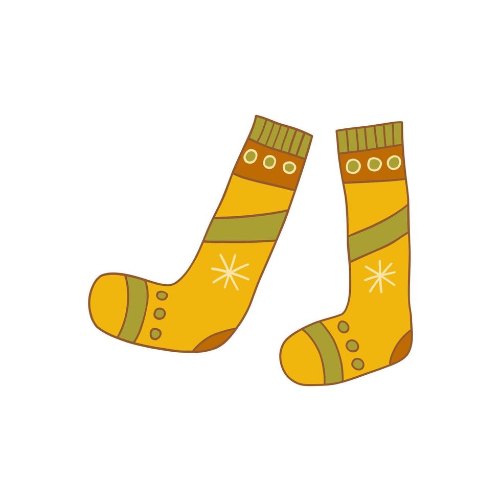 Warm cozy yellow socks with snowflakes. Vector contour