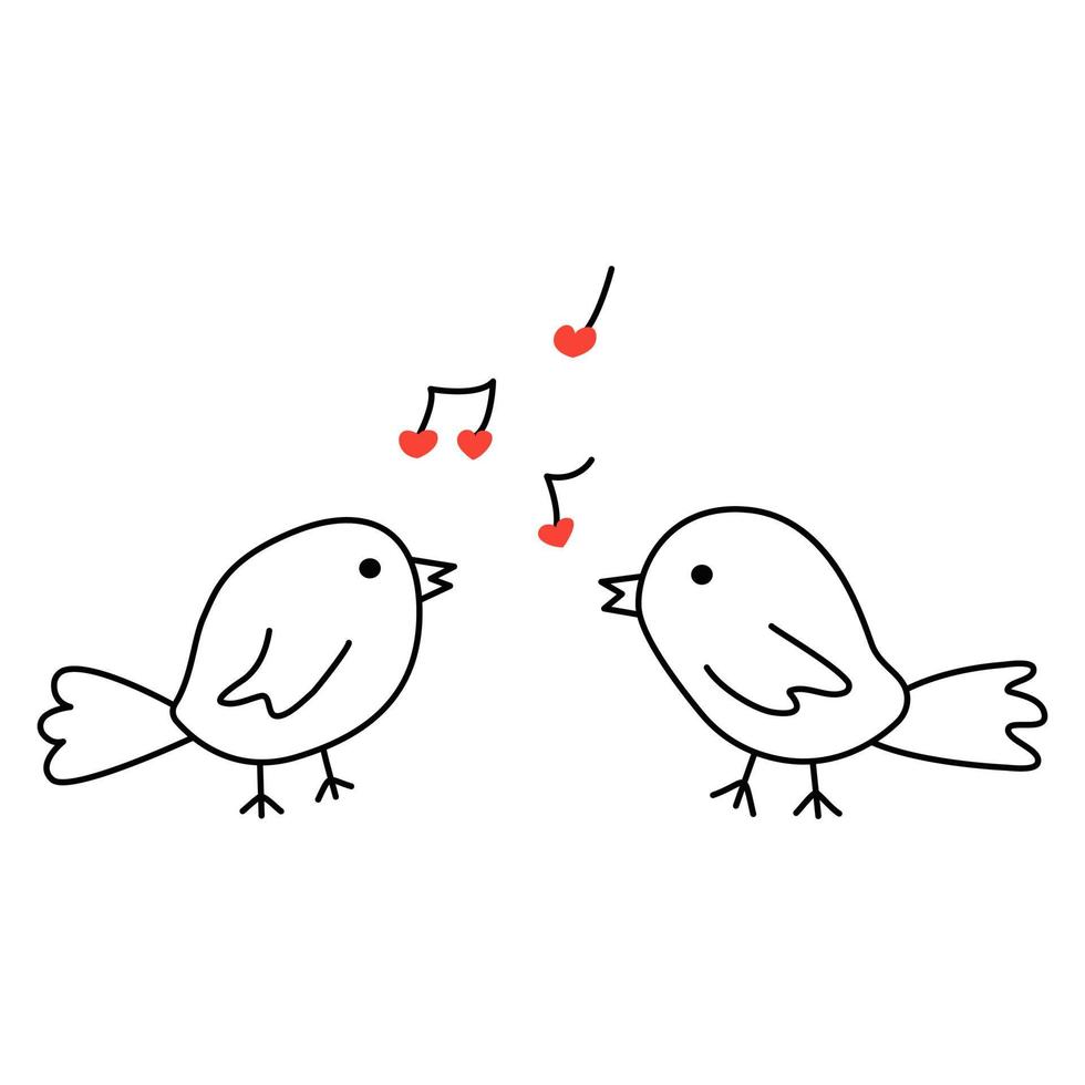 Two cute birds sing a love song. Vector hand drawn