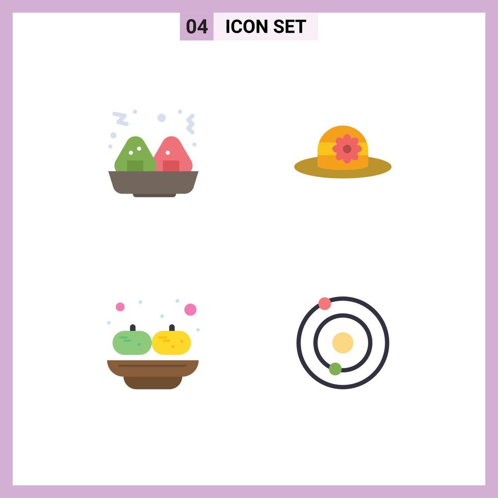 conjunto de 4 paquetes de iconos planos comerciales para elementos de diseño vectorial editables del universo de la fiesta del sombrero solar de alimentos vector