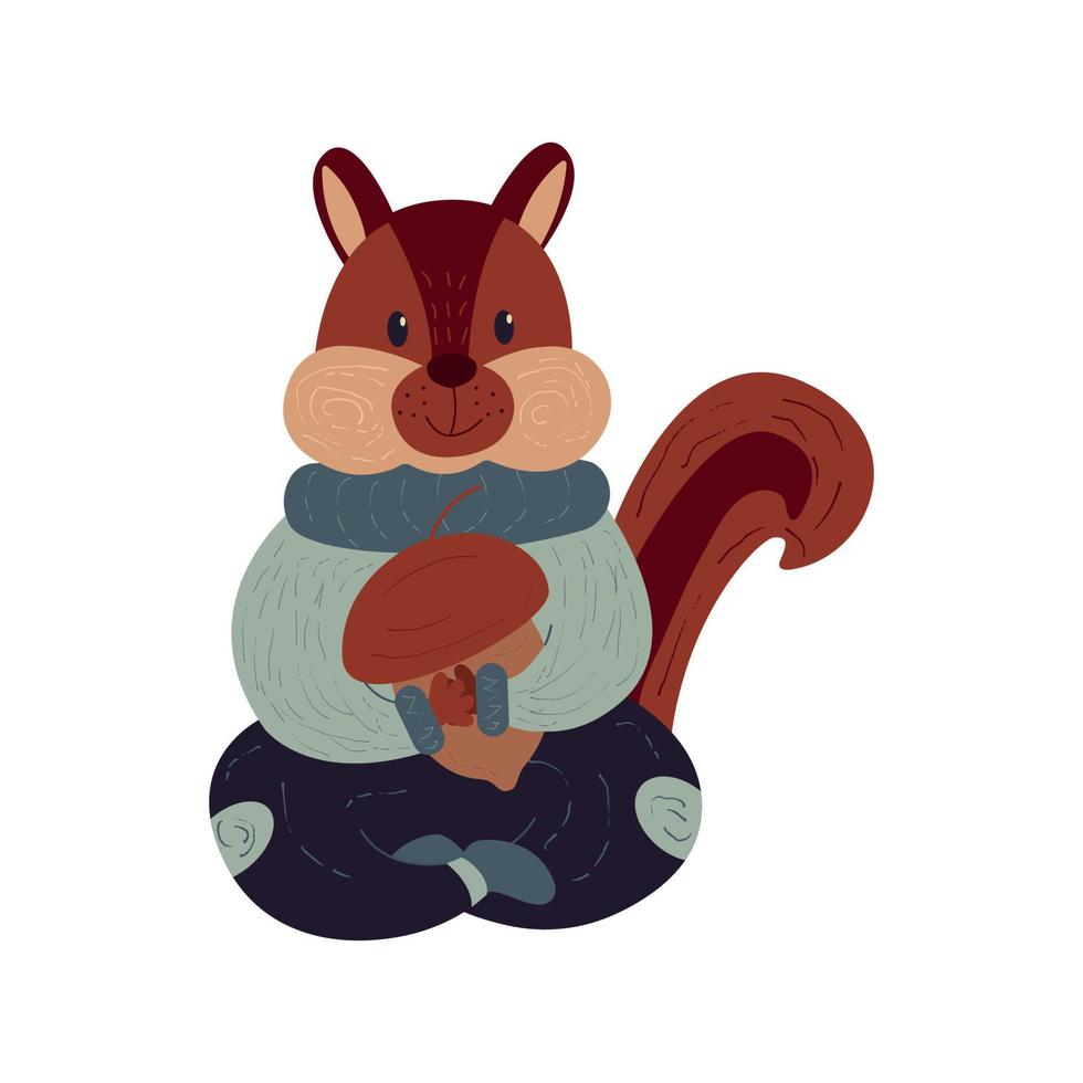 Cute chipmunk holds an acorn. Cartoon vector