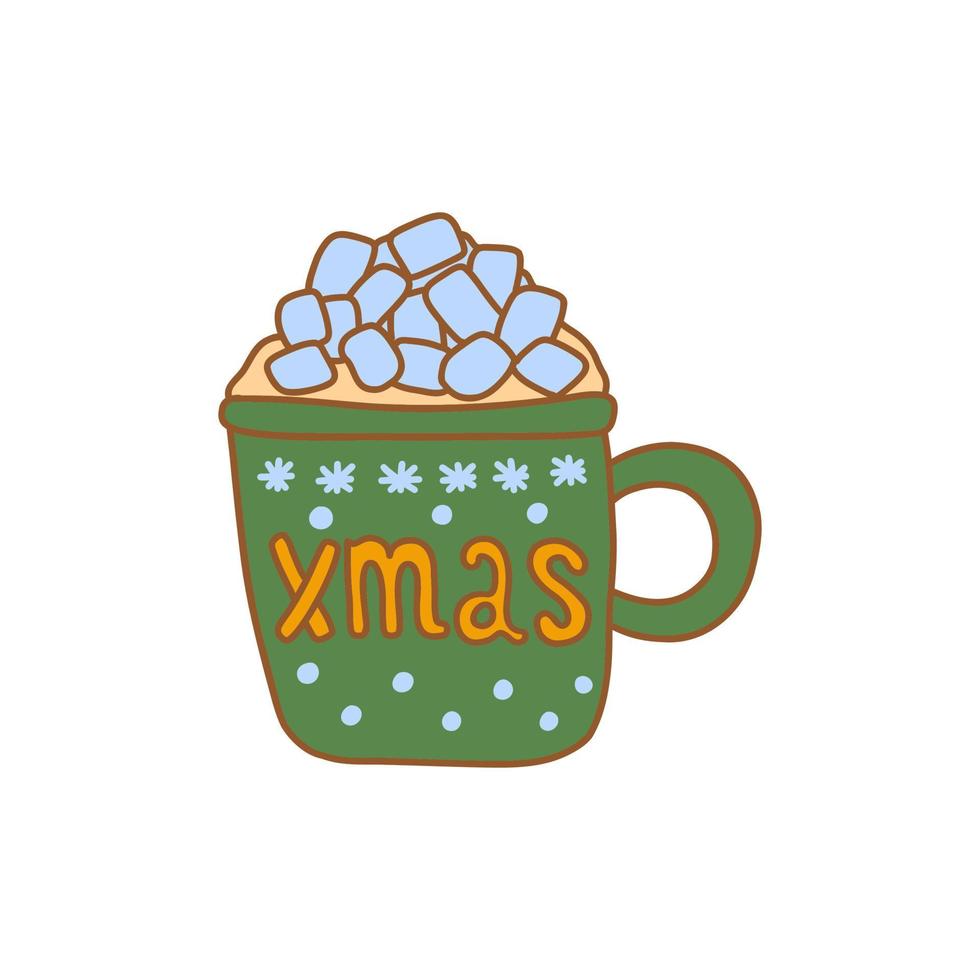 Green Christmas cup with hot drink and marshmallows. Vector