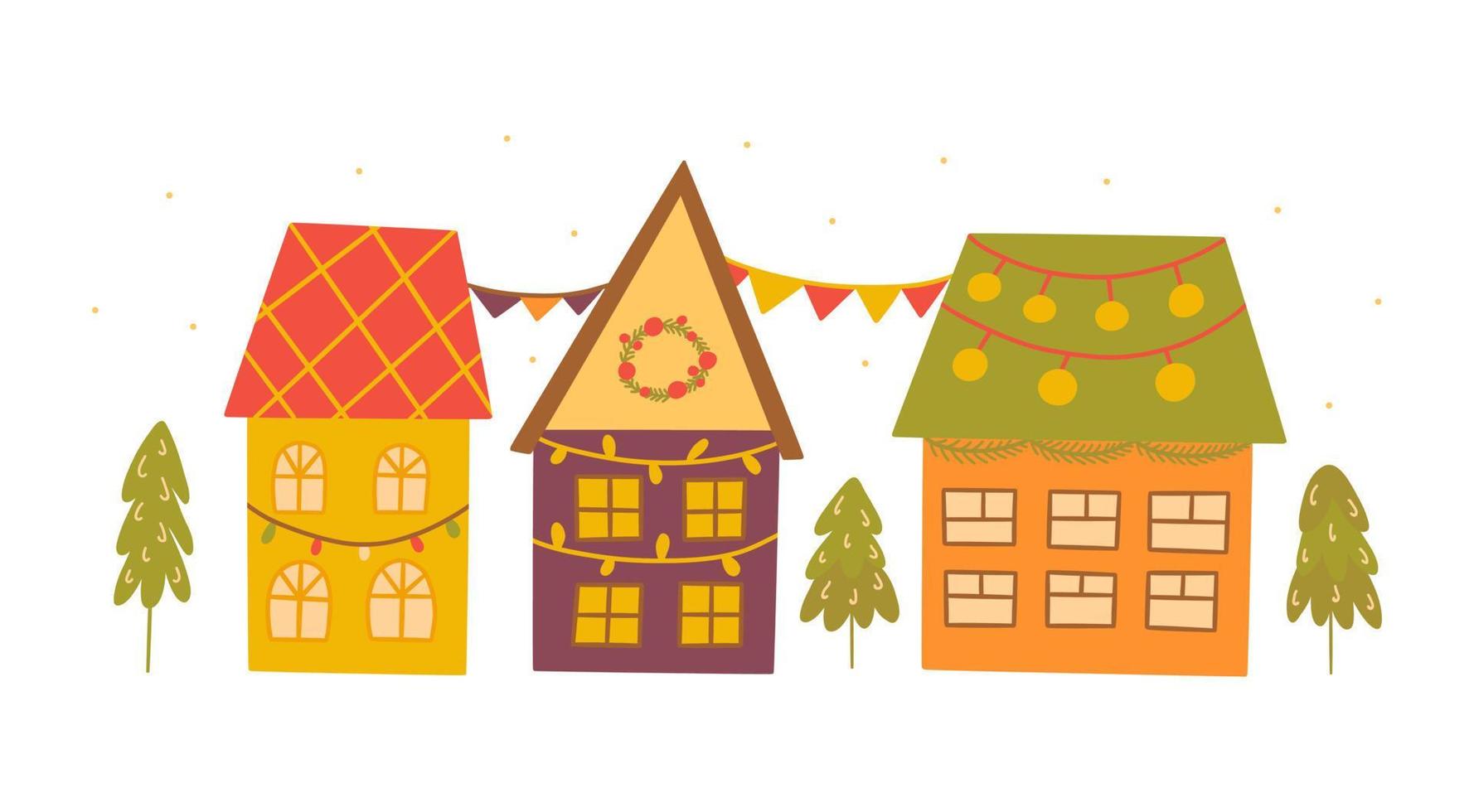 Cute cozy winter houses. Vector colorful card
