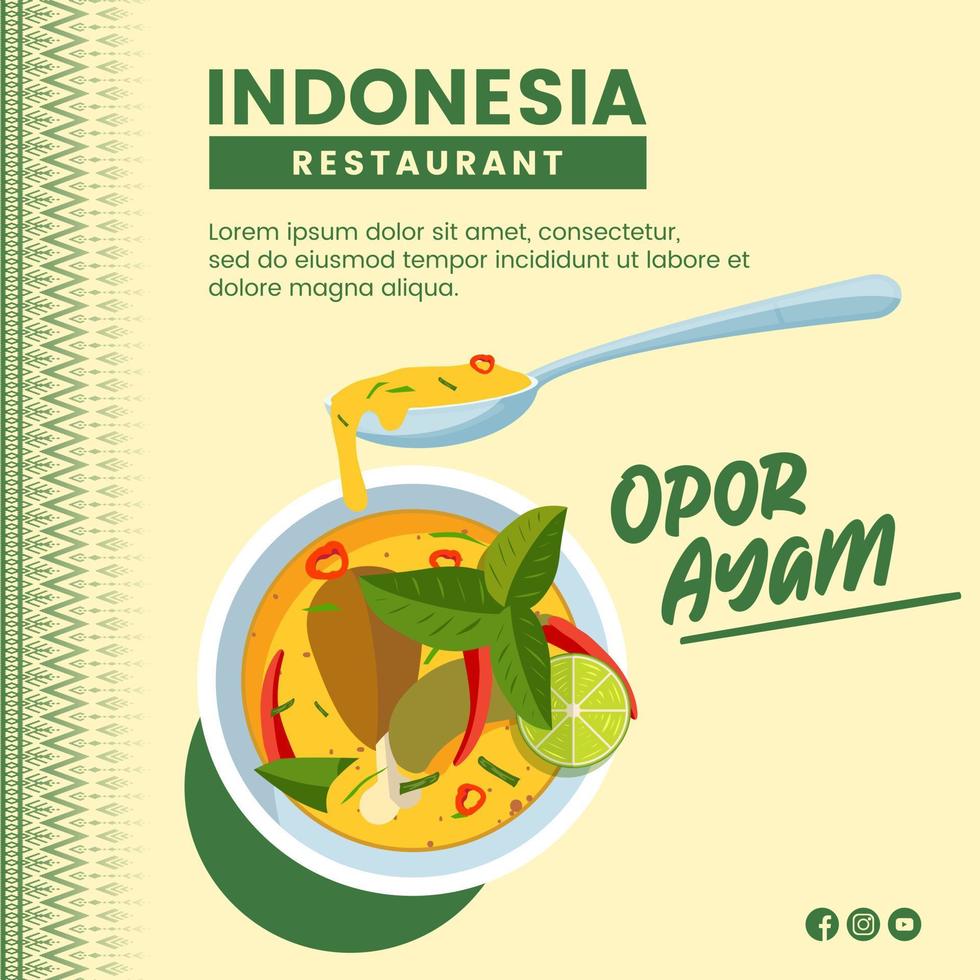 diseño de ilustración de comida asiática de pollo opor ayam comida indonesia para presentación plantilla de redes sociales vector