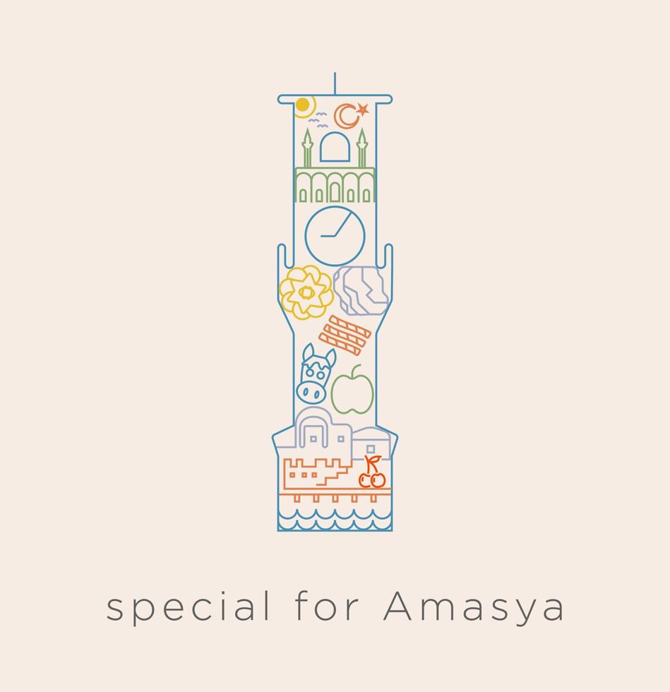 Special icon series in Turkey-Amasya clock tower. A collage of Amasya-specific castle, king rock tombs, livelihoods, marble, cherry and similar lines. vector