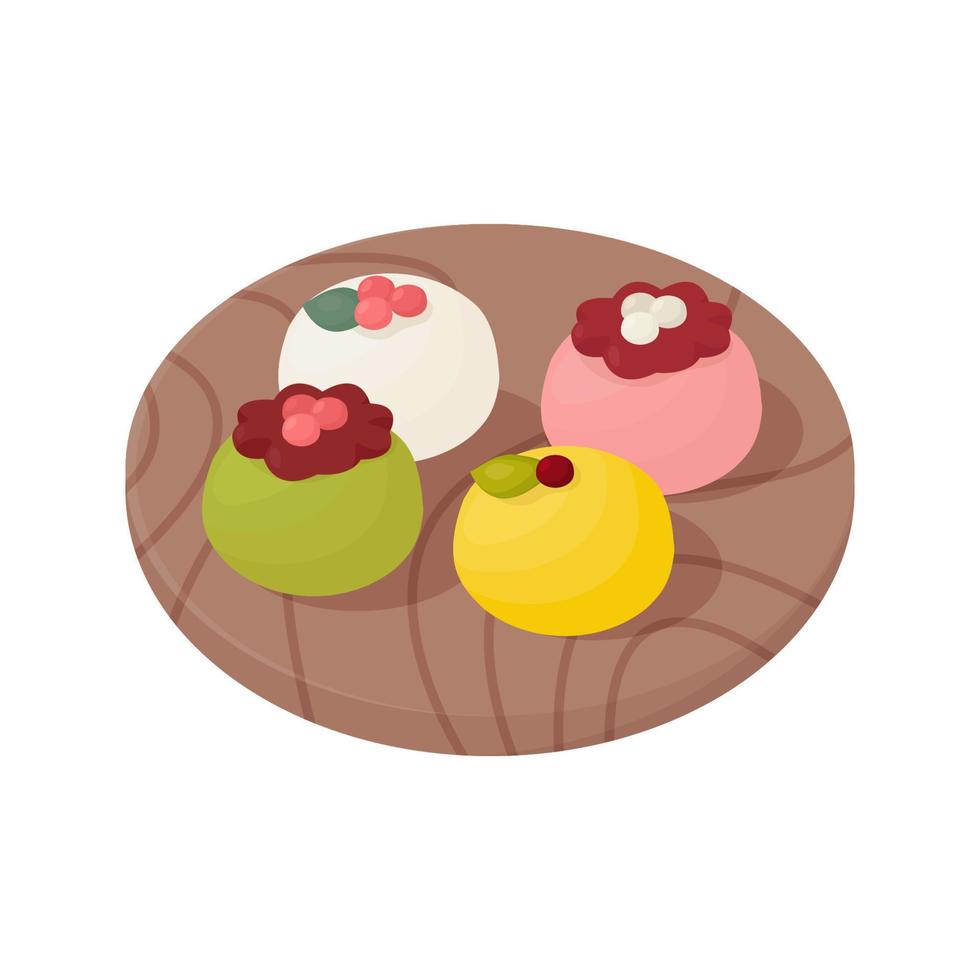 conjunto de varios wagashi, mochi, pastel de arroz, postre tradicional japonés en un escritorio de madera vector