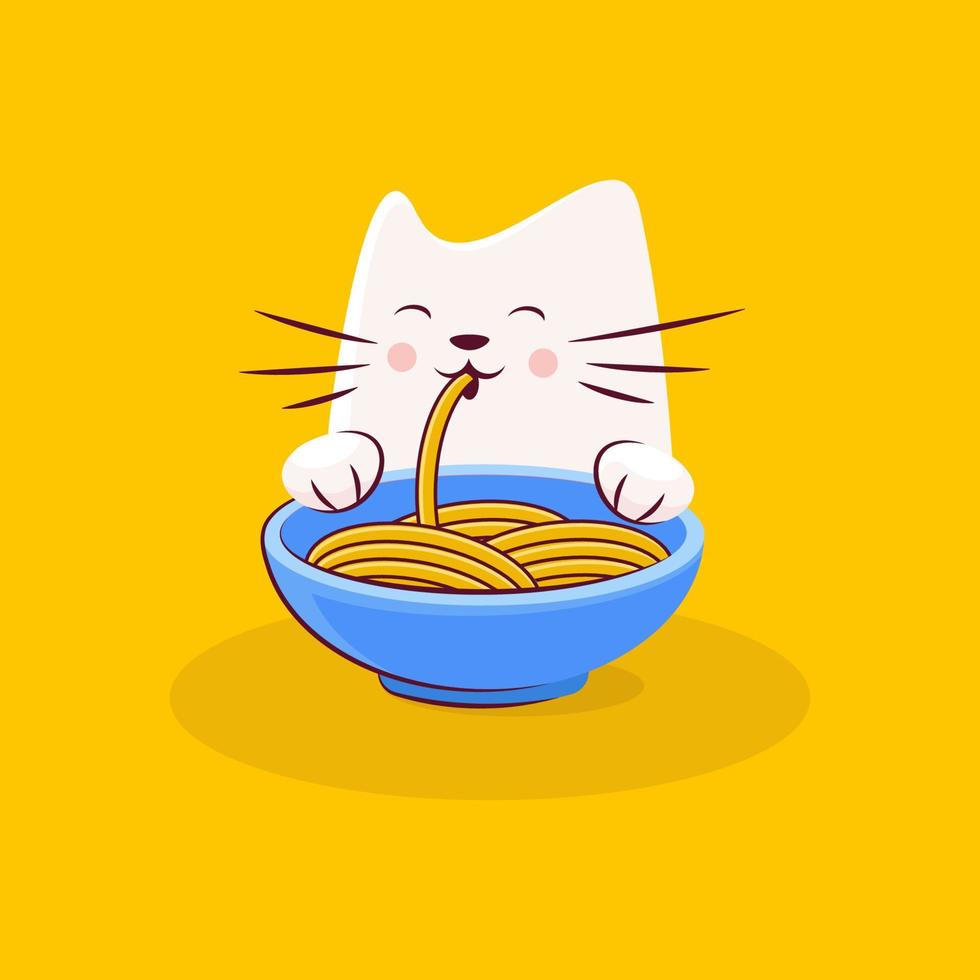 Cute white cat eating noodles yellow background vector