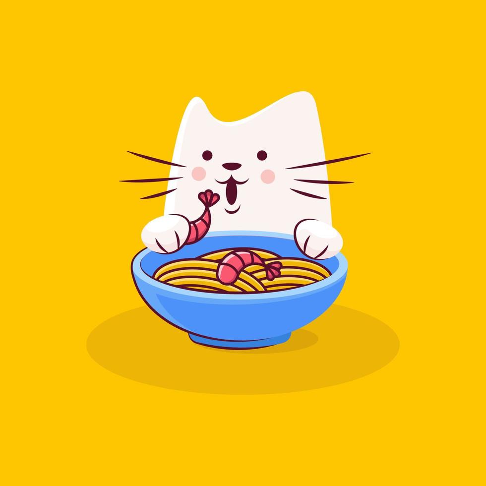 lindo personaje de gato disfruta sabroso ramen vector