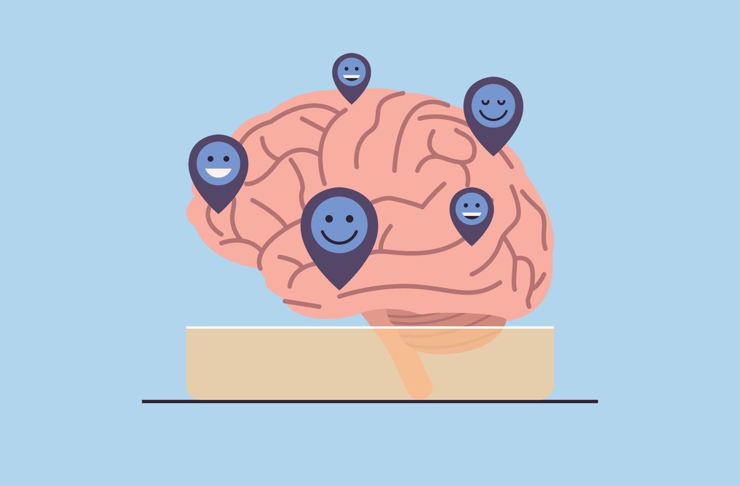 Happiness feeling symbol with a pin on the brain and hormones in the nevous system of the brain addiction concept flat vector illustration.