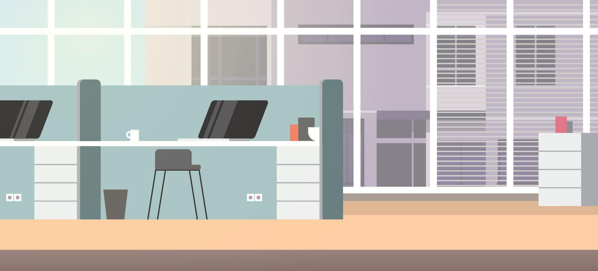 Modern office room interior and empty coworking center creative open space with furniture horizontal flat vector illustration.