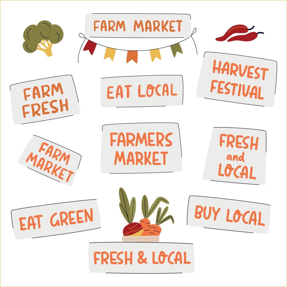 Farmers Market set of hand drawn lettering badges, labels, stickers. Handwritten inscription for ads, signboards, packaging and web designs. Farm market, buy local, fresh and local, harvest festival vector