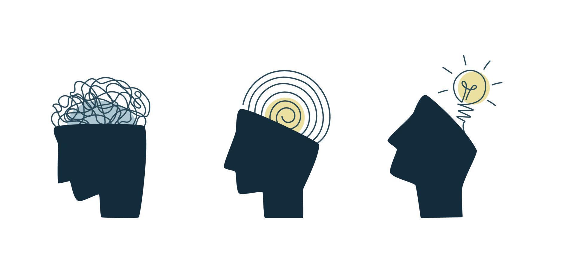 Finding solution concept. Human heads with confused thoughts and ideas inside. Set of brain process illustrations. Mental health and psychology vector concept.  Growth mindset skills illustration