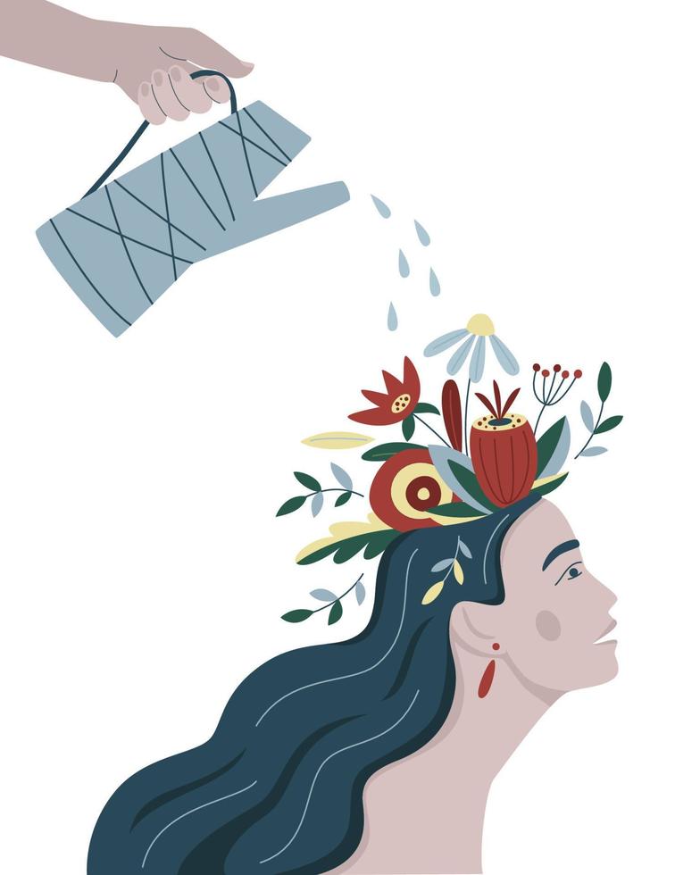 Mental health, happiness, self-development abstract concept. Someone pours water from a watering can on a woman's head with flowers inside. Mindfulness, self care idea. Flat vector illustration