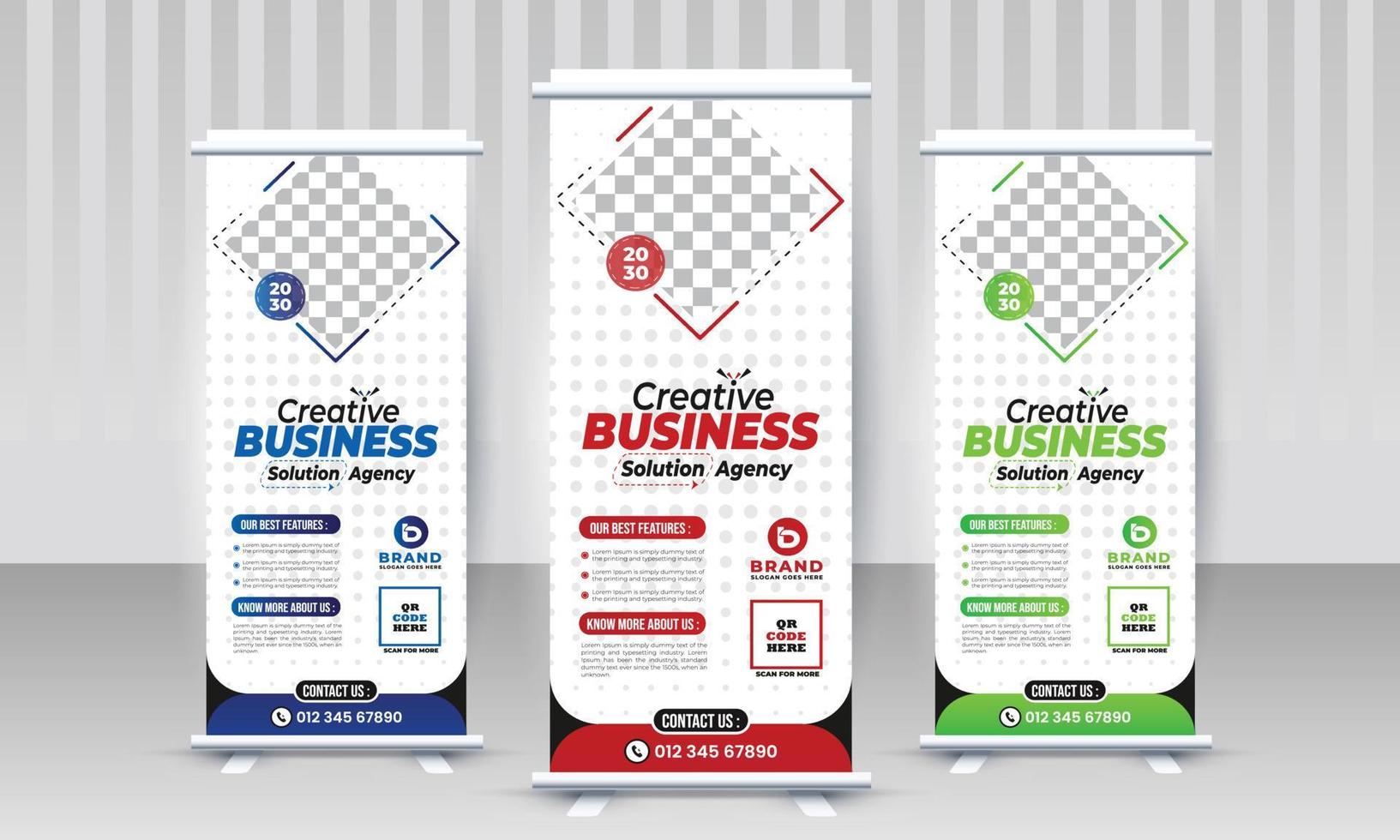 Corporate modern business marketing x stand rollup pullup signage retractable multiple blue red green color banner design vector template