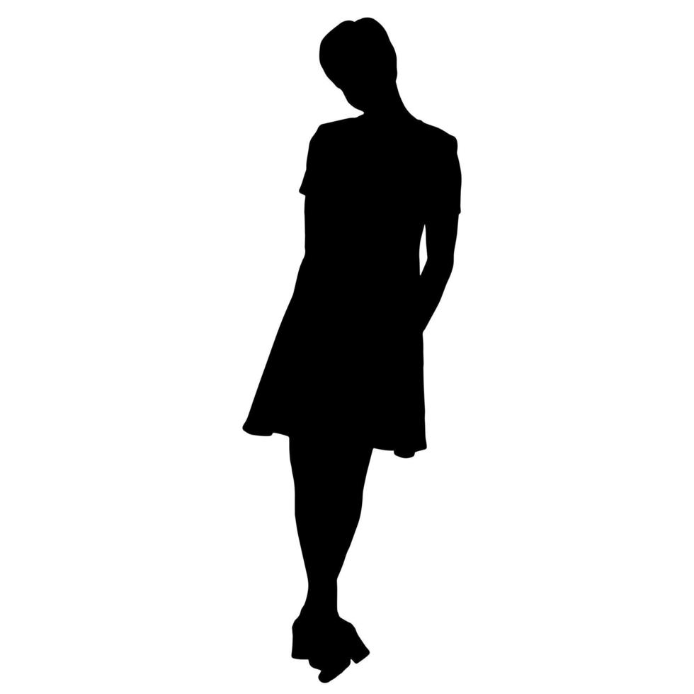 Vector silhouettes of women. Standing woman shape. Black color on isolated white background. Graphic illustration.