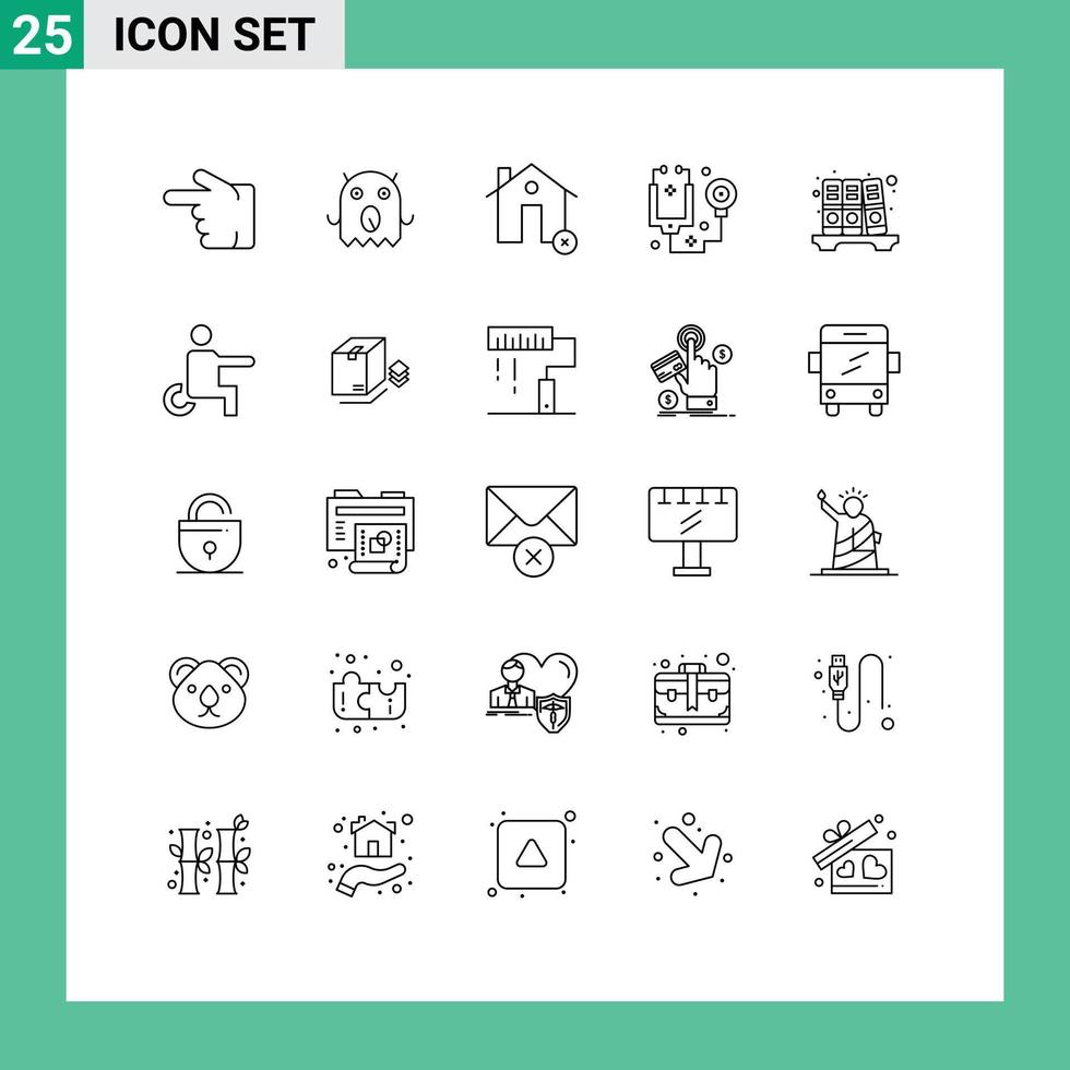 Pack of 25 Modern Lines Signs and Symbols for Web Print Media such as files tools cancel stethoscope doctor Editable Vector Design Elements