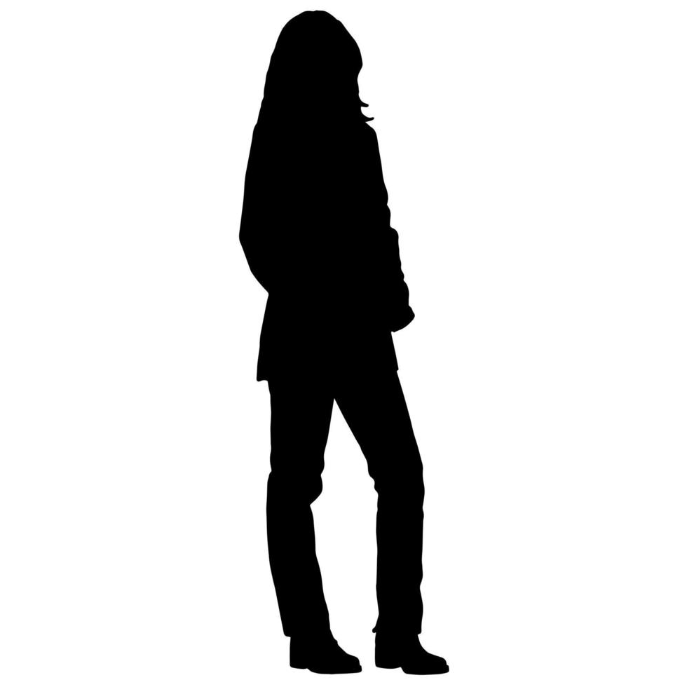 Vector silhouettes of women. Standing woman shape. Black color on isolated white background. Graphic illustration.