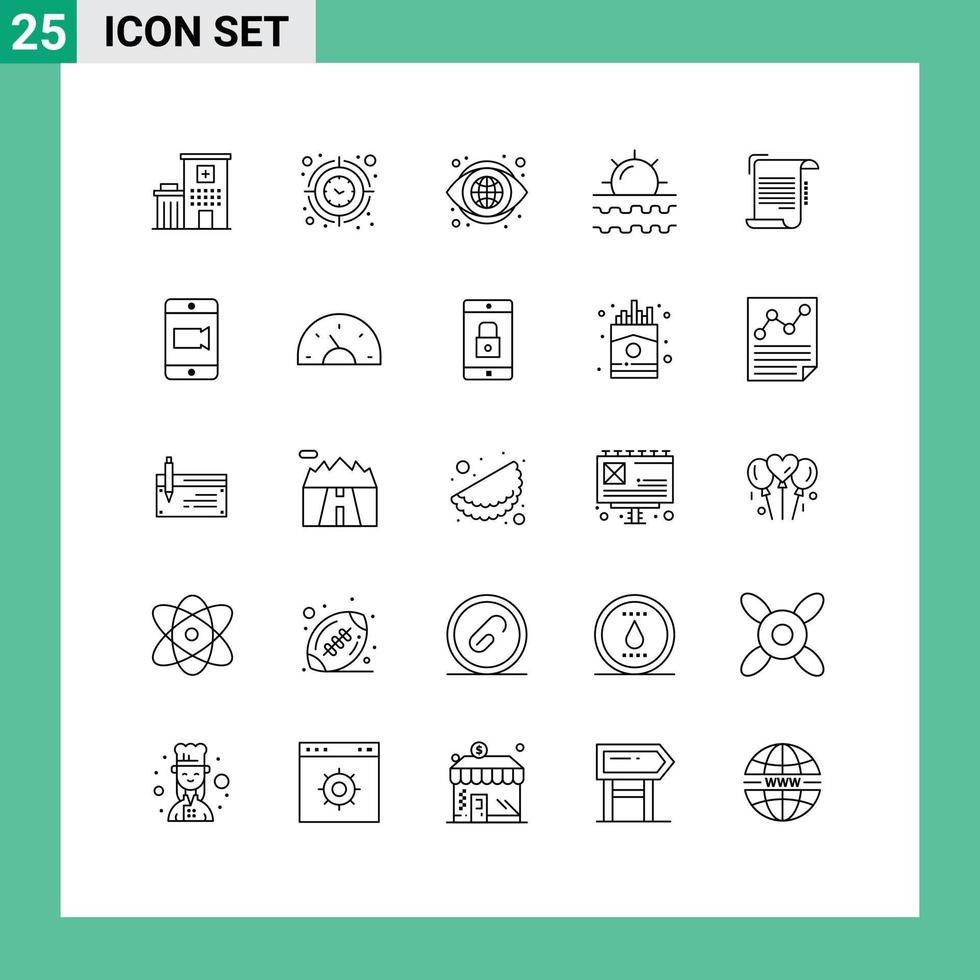 Mobile Interface Line Set of 25 Pictograms of vacation sun timer sea vision Editable Vector Design Elements