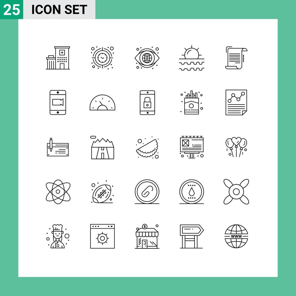 Mobile Interface Line Set of 25 Pictograms of vacation sun timer sea vision Editable Vector Design Elements