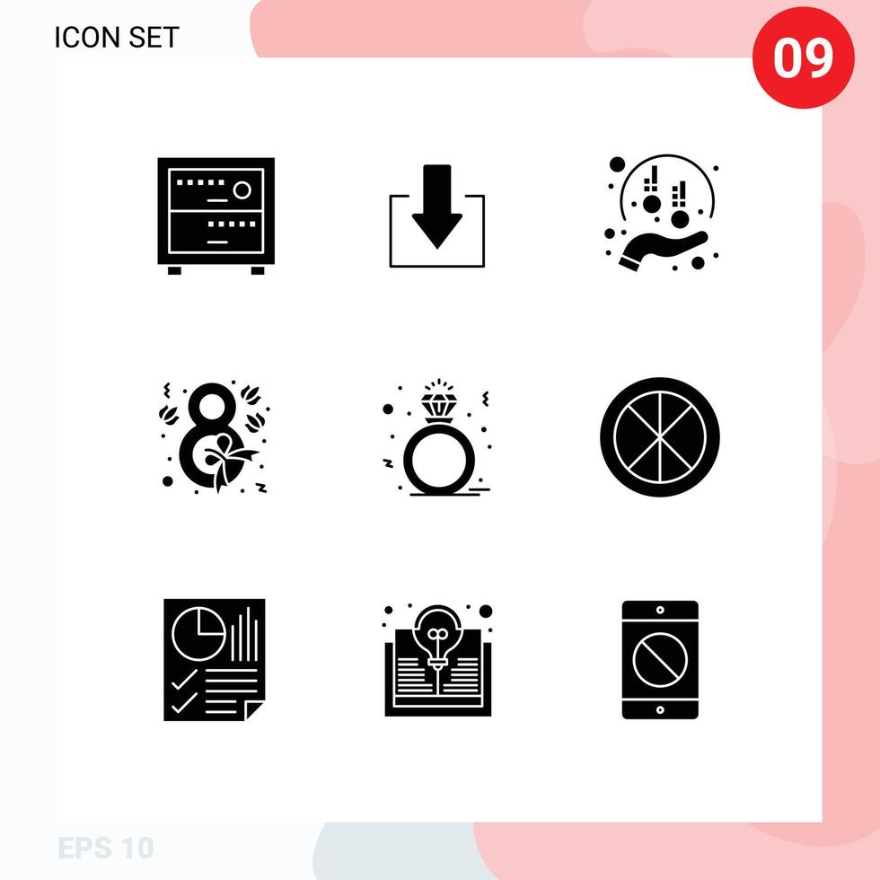 9 Thematic Vector Solid Glyphs and Editable Symbols of ring diamond funds ribbon flower Editable Vector Design Elements