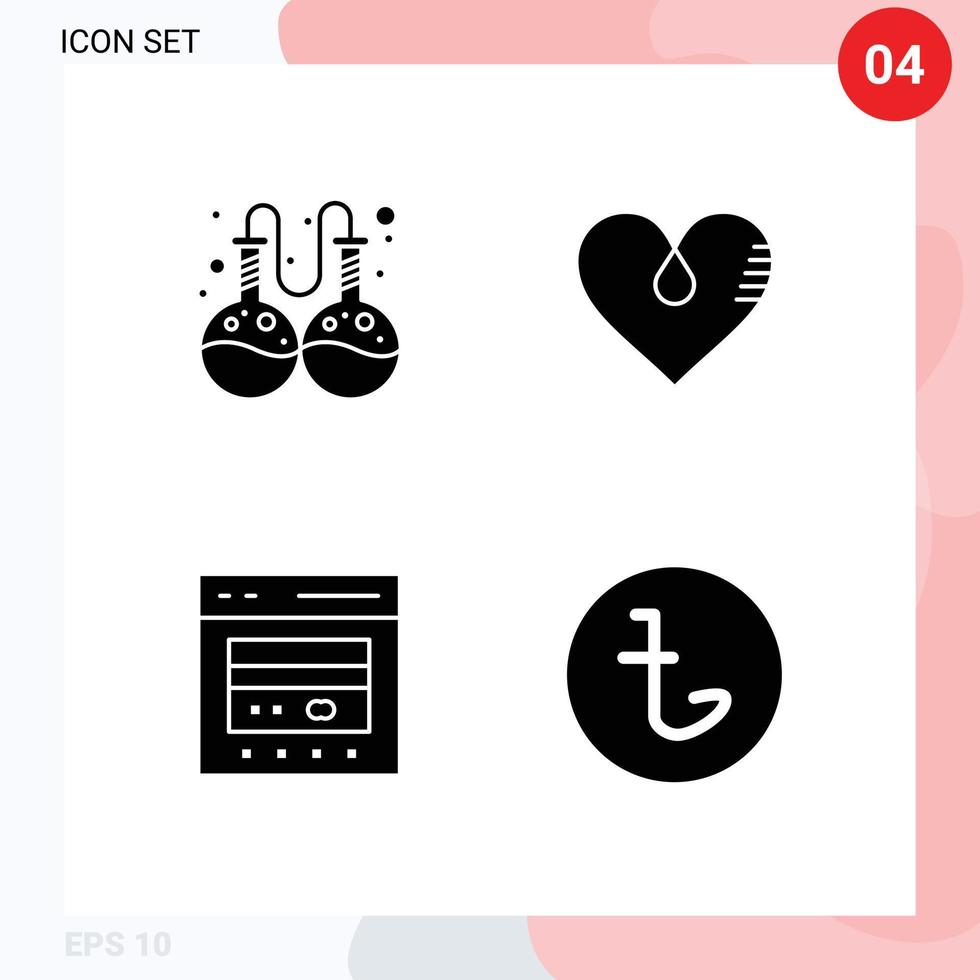 4 Thematic Vector Solid Glyphs and Editable Symbols of flask cash heart favorite ecommerce Editable Vector Design Elements