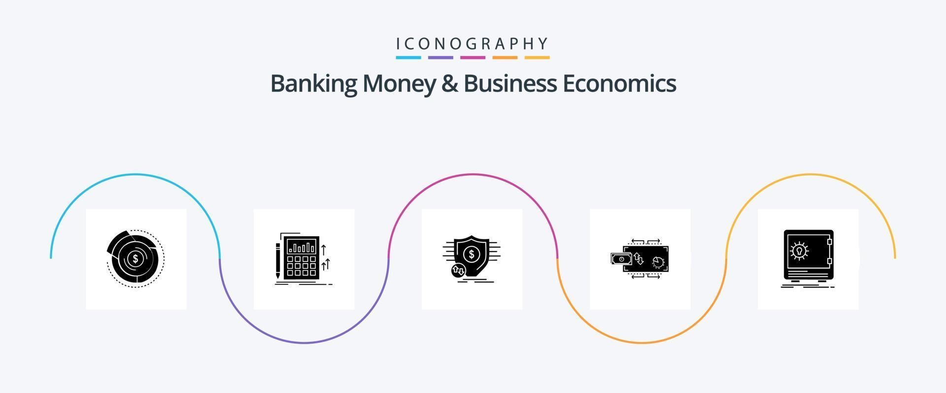 Banking Money And Business Economics Glyph 5 Icon Pack Including marketing. finance. calculation. security. money vector