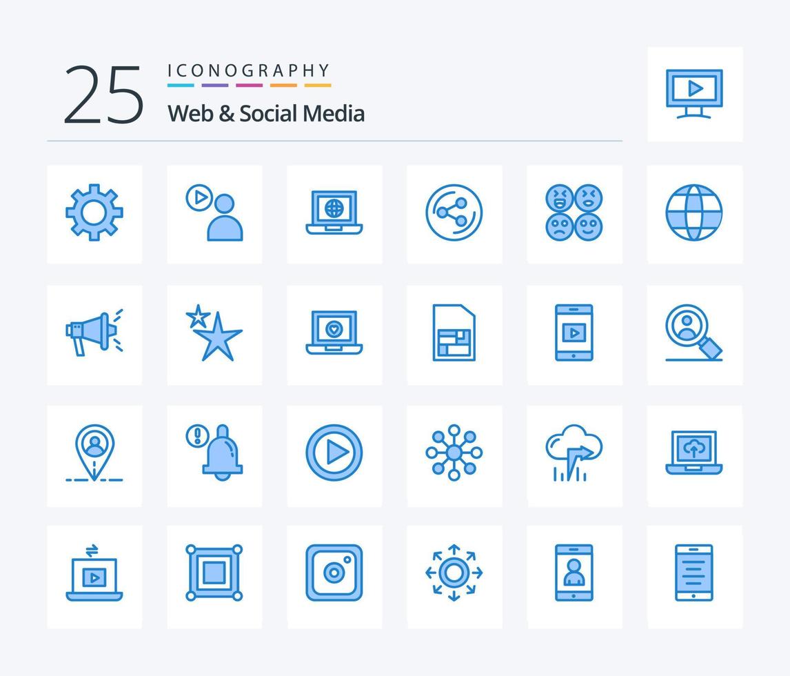 Web And Social Media 25 Blue Color icon pack including world. happy. world. emojis. sharing vector