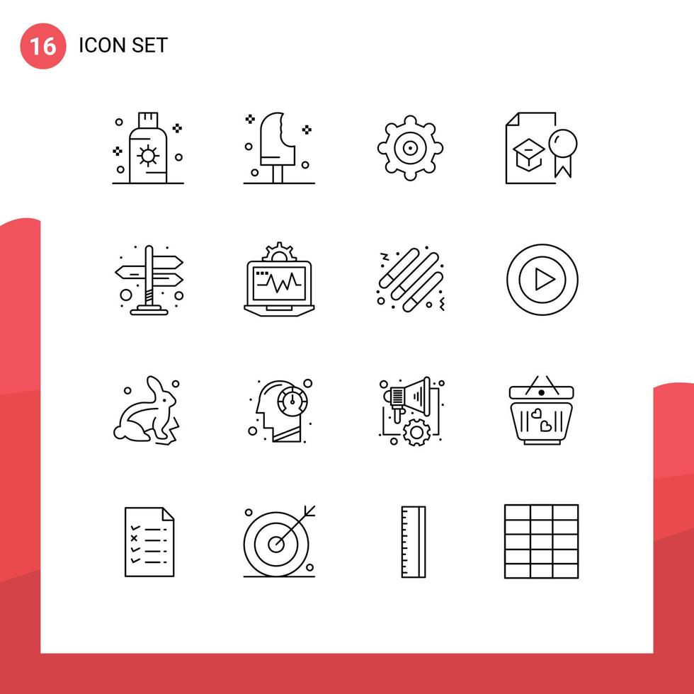 User Interface Pack of 16 Basic Outlines of directions study ice cream education certificate Editable Vector Design Elements