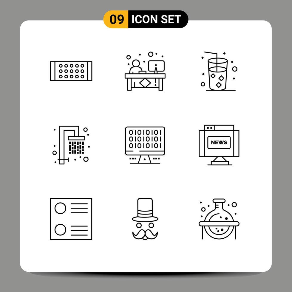 Editable Vector Line Pack of 9 Simple Outlines of server computer beach web water Editable Vector Design Elements