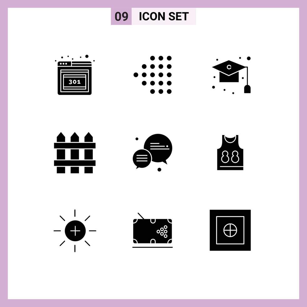 Pack of 9 creative Solid Glyphs of message bubble graduation wood home Editable Vector Design Elements