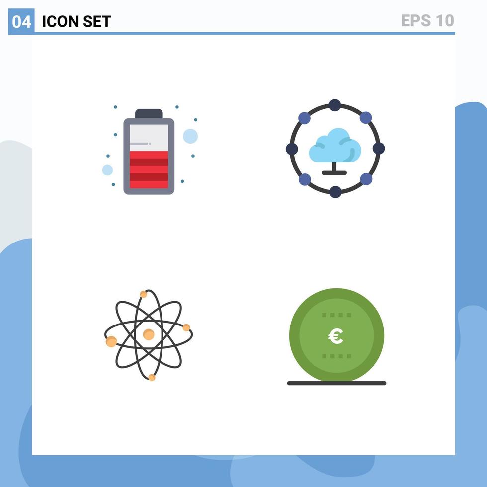 Set of 4 Modern UI Icons Symbols Signs for battery laboratory cloud computing atom coin Editable Vector Design Elements