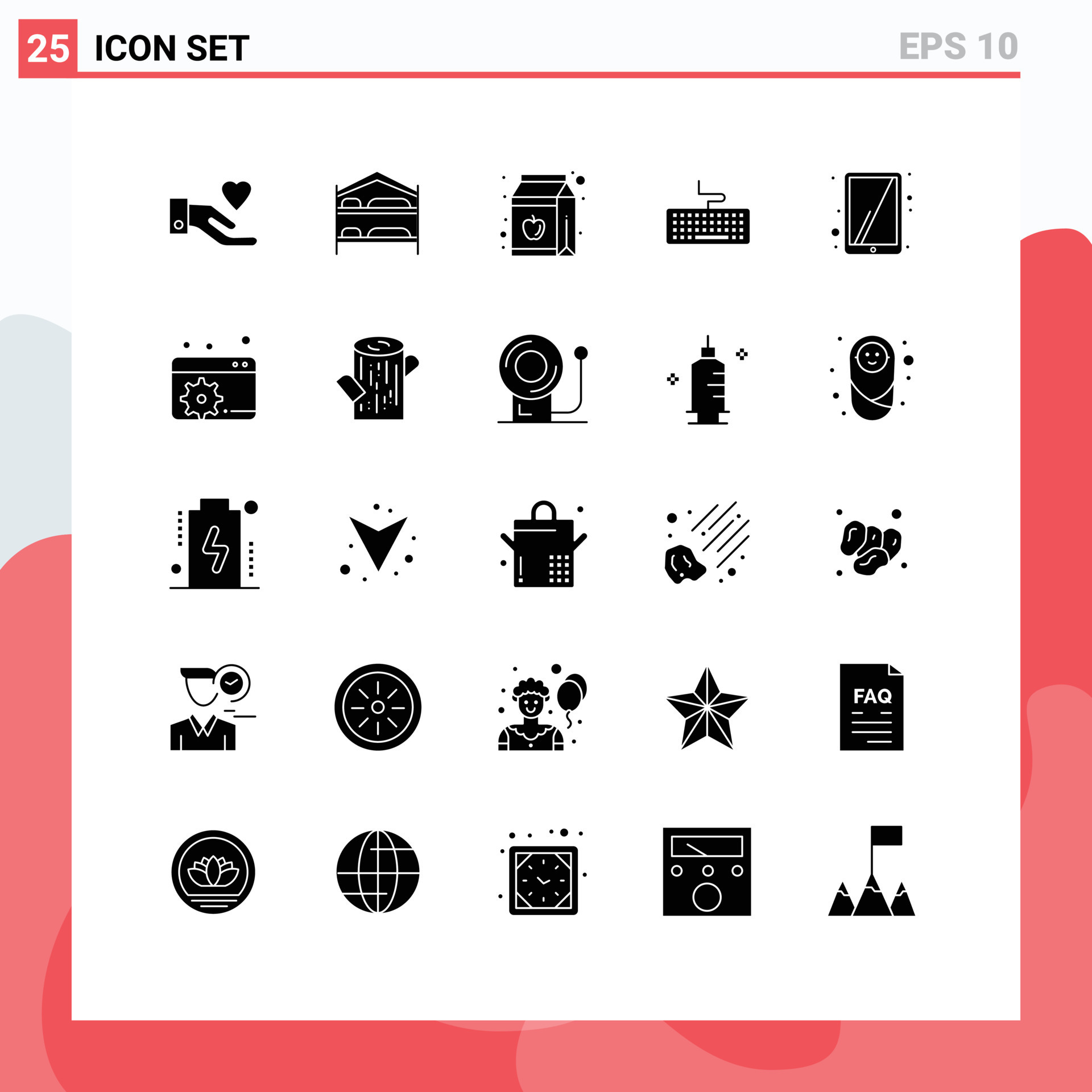 Modern Set of 25 Solid Glyphs and symbols such as touchscreen ipad