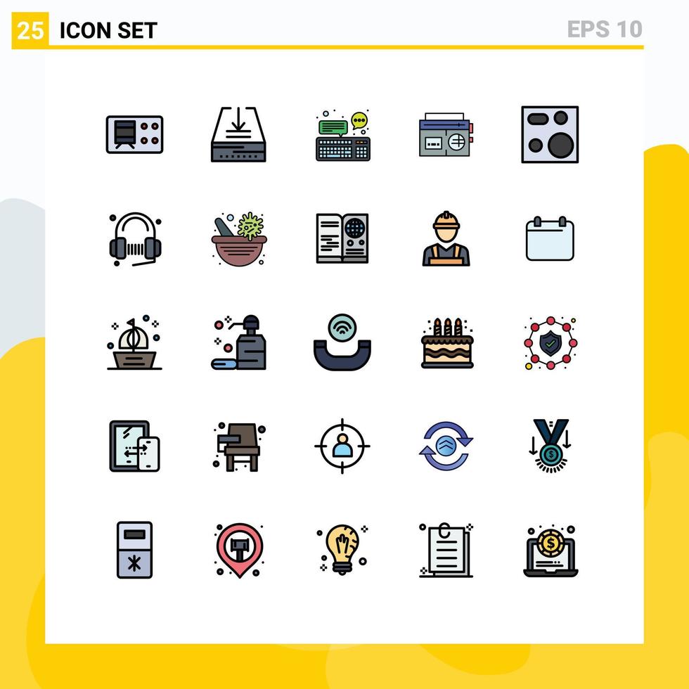 Set of 25 Vector Filled line Flat Colors on Grid for devices media computer music tape Editable Vector Design Elements
