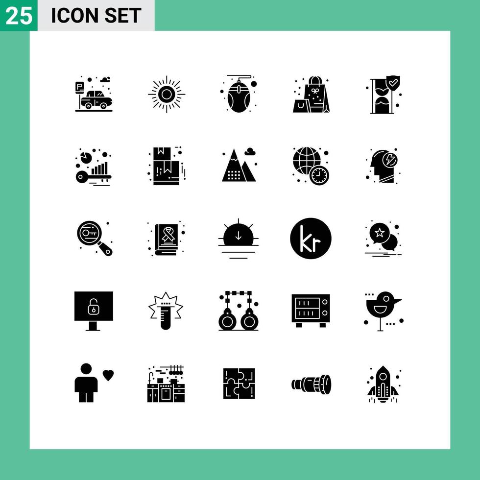 Pictogram Set of 25 Simple Solid Glyphs of shield insurance mouse time glass present Editable Vector Design Elements