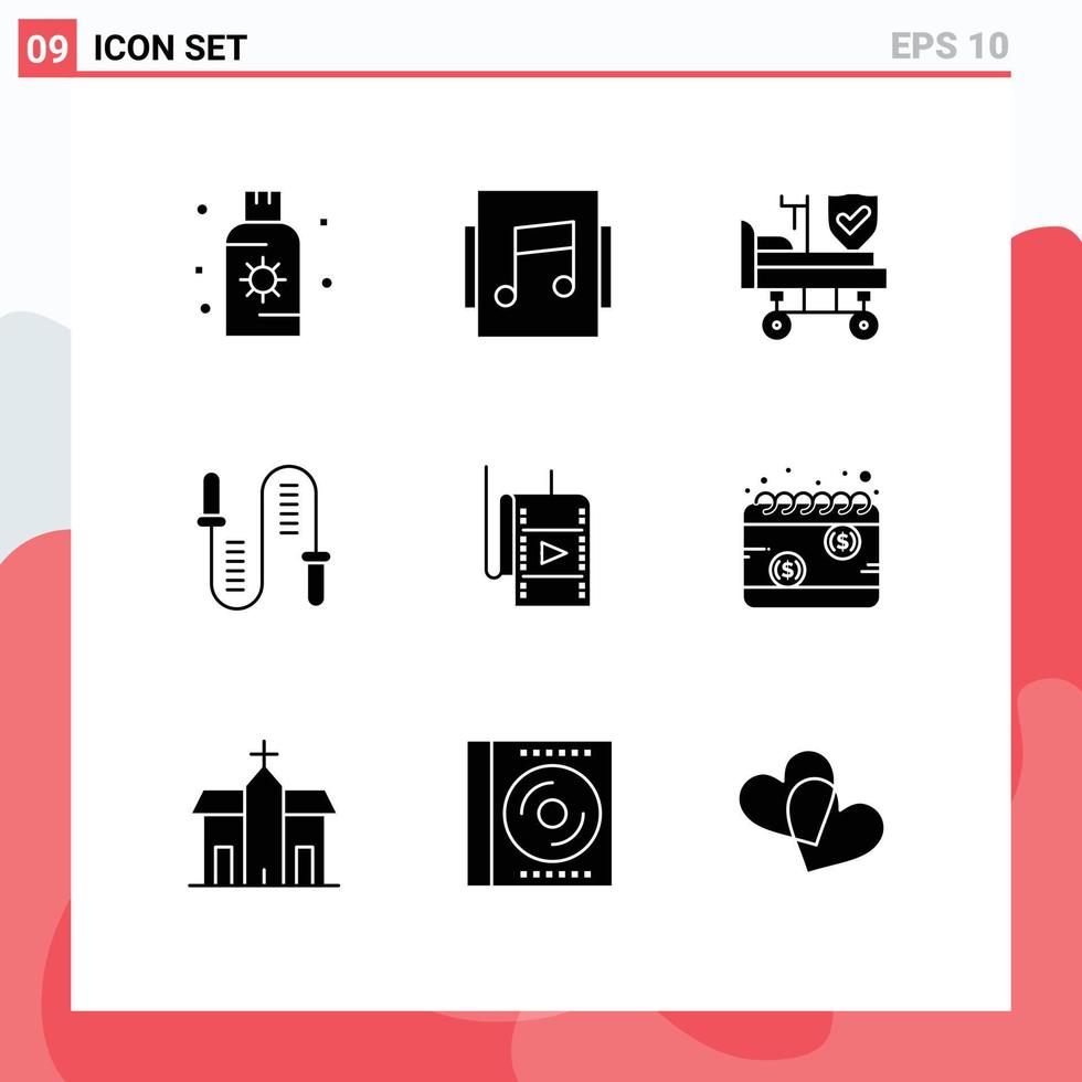 Editable Vector Line Pack of 9 Simple Solid Glyphs of film skipping bed fitness jumping Editable Vector Design Elements