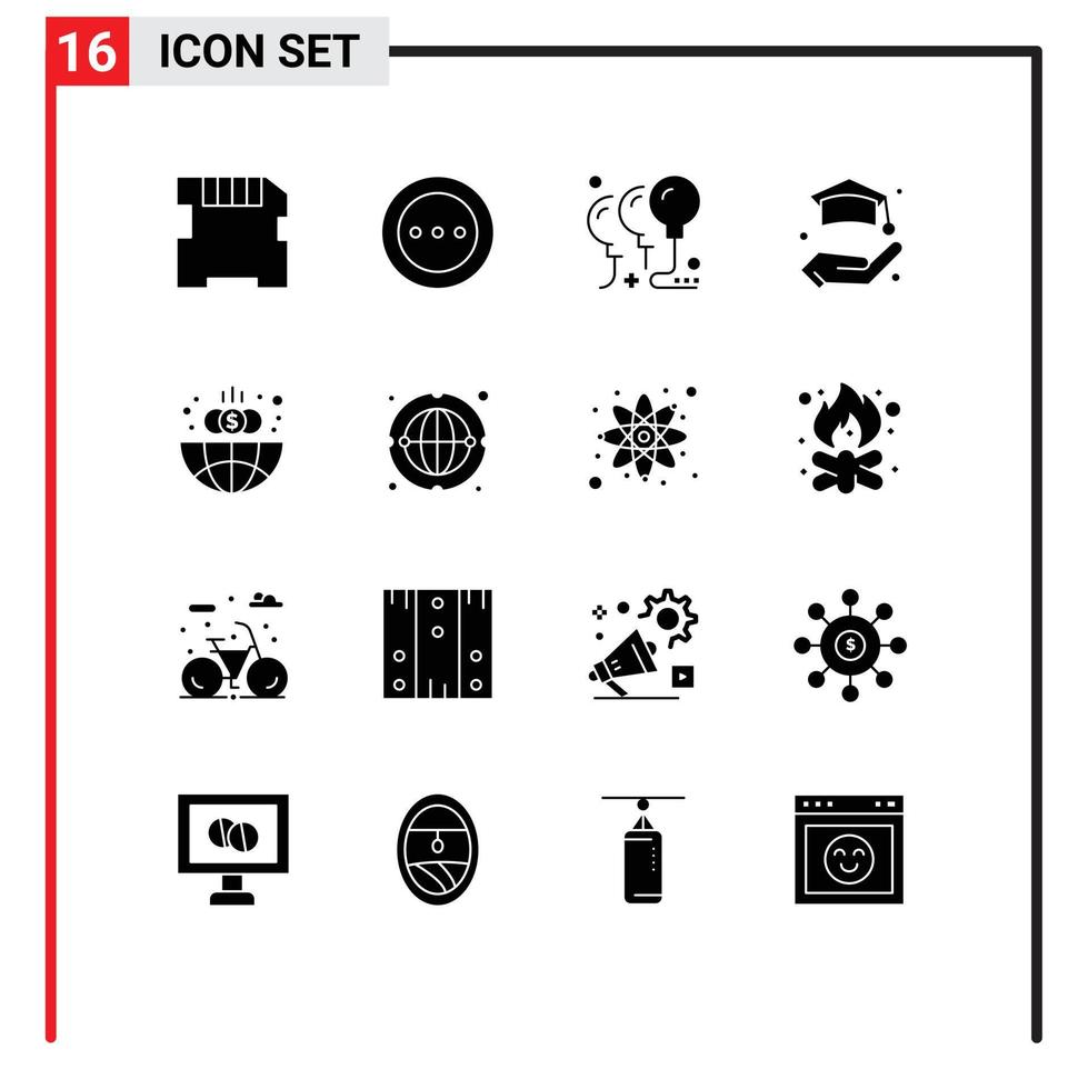 Editable Vector Line Pack of 16 Simple Solid Glyphs of global business balloons life education Editable Vector Design Elements