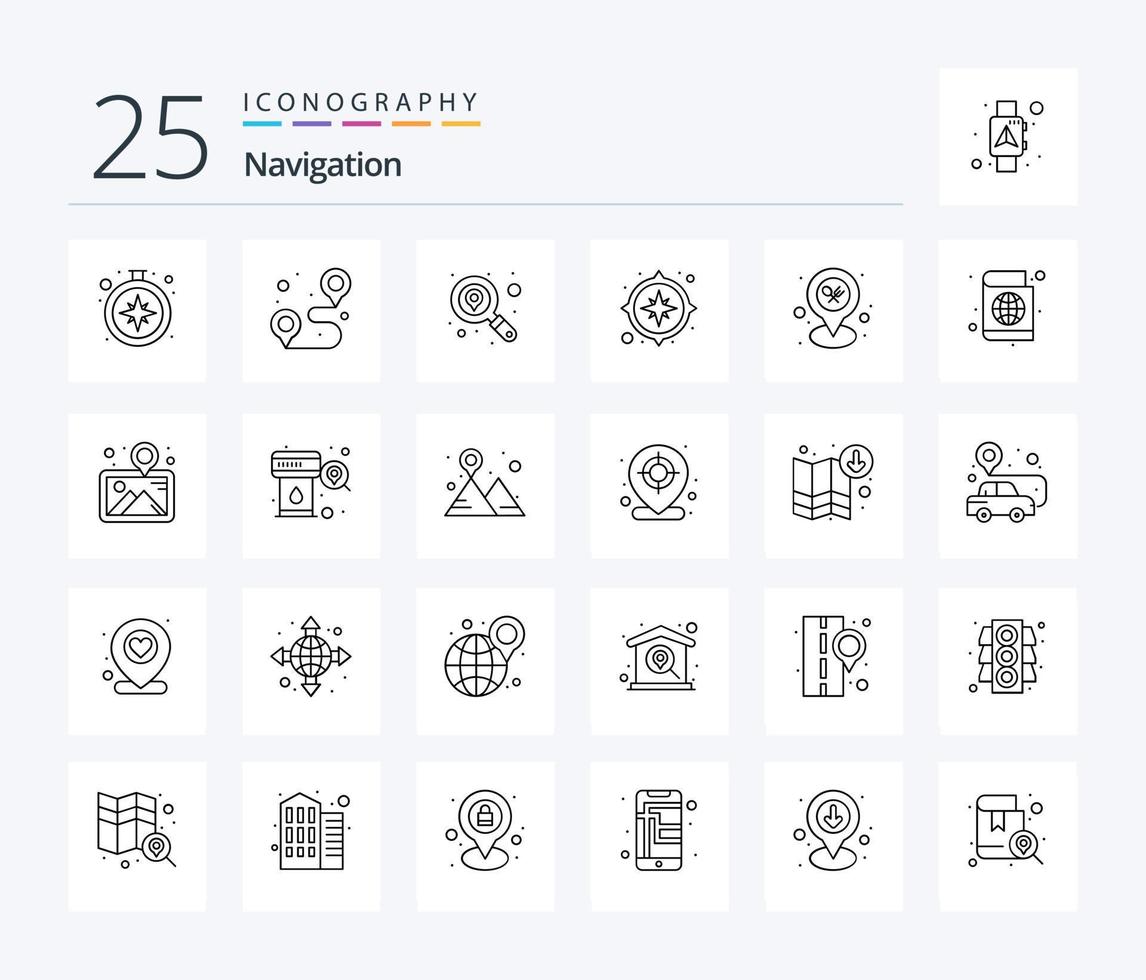 paquete de iconos de 25 líneas de navegación que incluye mapa. localización. signo. navegación. Brújula vector