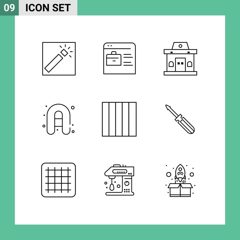 Modern Set of 9 Outlines and symbols such as screw grid building travel inflatable boat Editable Vector Design Elements