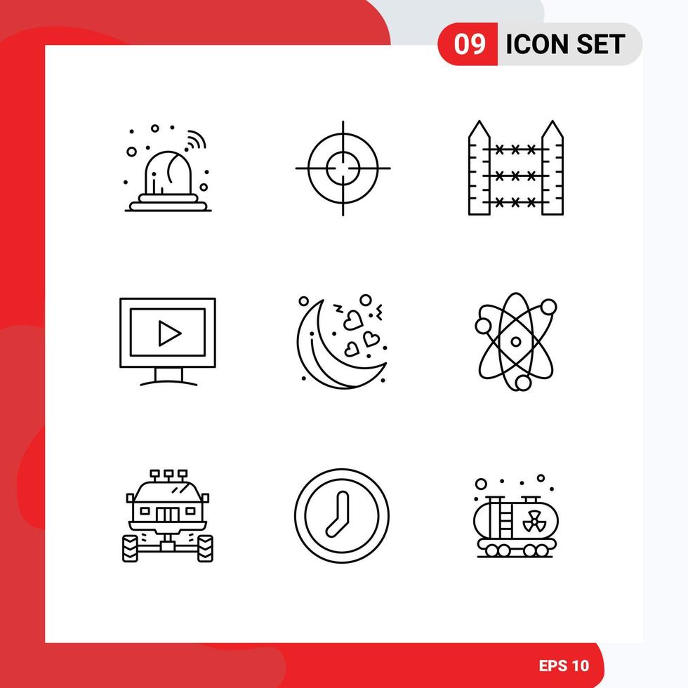 9 Universal Outline Signs Symbols of valentines moon security play screen Editable Vector Design Elements