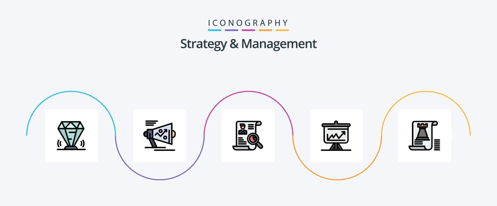Strategy And Management Line Filled Flat 5 Icon Pack Including analytics. graph. strategy. search. cv vector