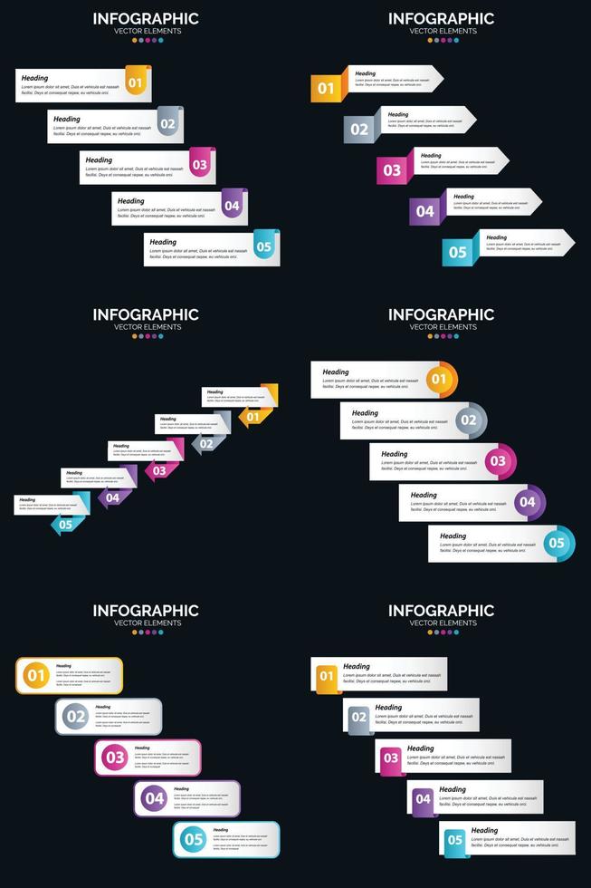 plantilla de diapositiva de presentación del paquete de infografías vectoriales 6 diagramas de ciclo de 5 pasos y líneas de tiempo vector