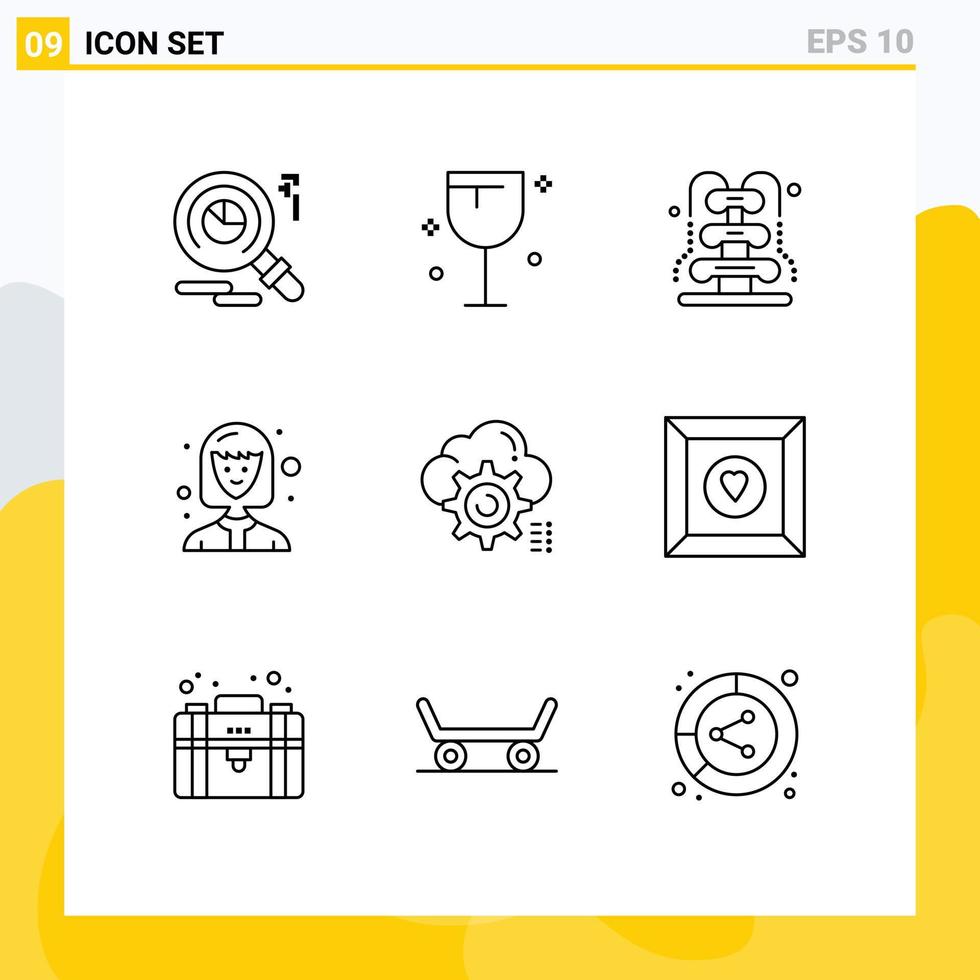 Modern Set of 9 Outlines Pictograph of computing setting park gear female student Editable Vector Design Elements